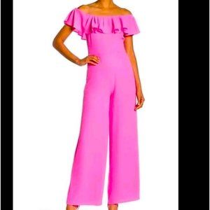 Betsey Johnson Pink Off-Shoulder Ruffle Jumpsuit